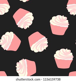 Bright seamless pattern with cupcakes on a pink background.