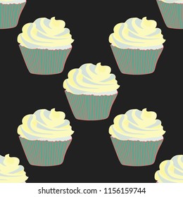 Bright seamless pattern with cupcakes on a pink background.