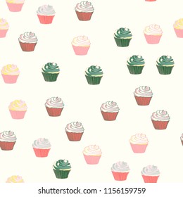 Bright seamless pattern with cupcakes on a pink background.