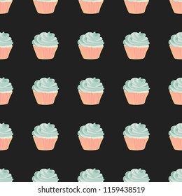 Bright seamless pattern with cupcakes on a pink background.