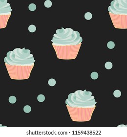Bright seamless pattern with cupcakes on a pink background.