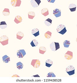 Bright seamless pattern with cupcakes on a pink background.