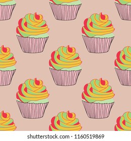Bright seamless pattern with cupcakes on a pink background.