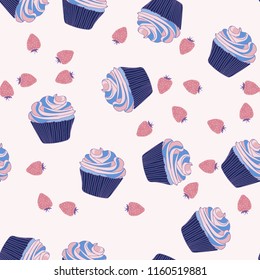 Bright seamless pattern with cupcakes on a pink background.