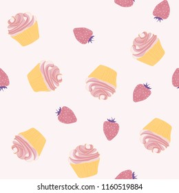 Bright seamless pattern with cupcakes on a pink background.
