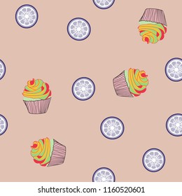 Bright seamless pattern with cupcakes on a pink background.