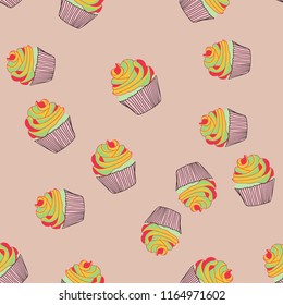 Bright seamless pattern with cupcakes on a pink background.