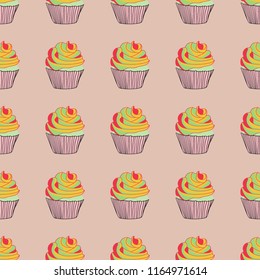 Bright seamless pattern with cupcakes on a pink background.