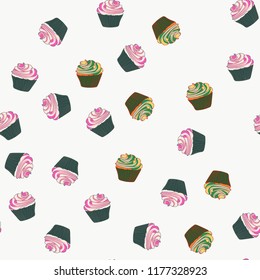Bright seamless pattern with cupcakes on a white background.