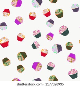 Bright seamless pattern with cupcakes on a white background.