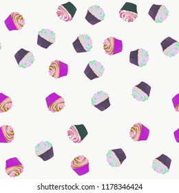 Bright seamless pattern with cupcakes on a pink background.
