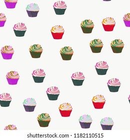 Bright seamless pattern with cupcakes on a pink background.