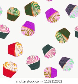 Bright seamless pattern with cupcakes on a pink background.