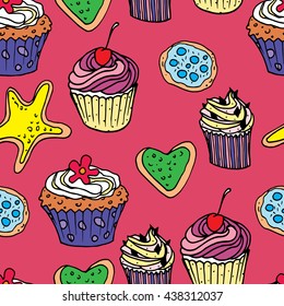 Bright seamless pattern of cupcakes on a pink background, biscuits
