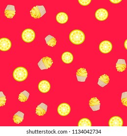 Bright seamless pattern with cupcakes and orange on a pink background.