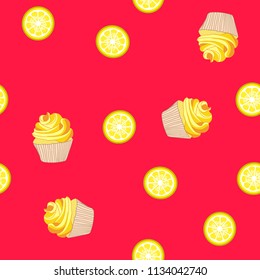 Bright seamless pattern with cupcakes and orange on a pink background.