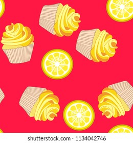 Bright seamless pattern with cupcakes and orange on a pink background.