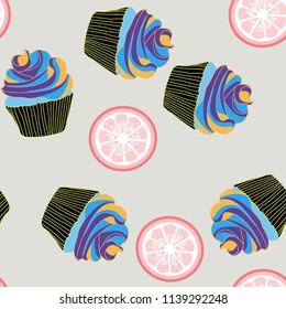 Bright seamless pattern with cupcakes and orange on a pink background.