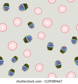 Bright seamless pattern with cupcakes and orange on a pink background.