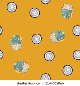 Bright seamless pattern with cupcakes and orange on a pink background.