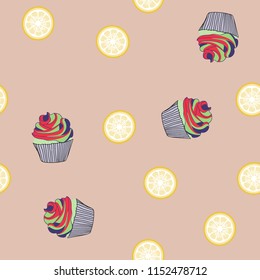 Bright seamless pattern with cupcakes and orange on a pink background.