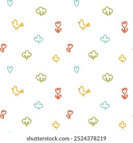 bright seamless pattern with cute birds and hearts, vector illustration for childish design, print or postcards