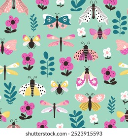 Patrón transparente brillante con mariposas lindas y polillas de diferentes tipos y flores sobre un fondo verde. Diseño alegre e infantil para imprimir en tela, papel de regalo y otros propósitos. Vector