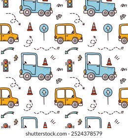 bright seamless pattern with cute cars, vector illustration for childish design, print or postcards