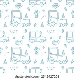 bright seamless pattern with cute cars, vector illustration for childish design, print or postcards