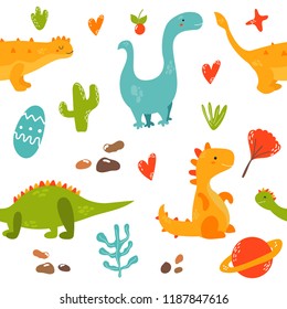 Bright seamless pattern with cute dinosaurs of different species. Diplodocus, stegosaurus, parasaurolophus, trex, ankylosaurus