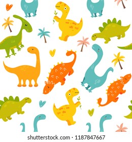 Bright seamless pattern with cute dinosaurs of different species. Diplodocus, stegosaurus, parasaurolophus, trex, ankylosaurus