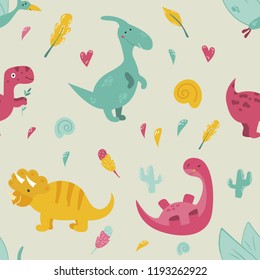Bright seamless pattern with cute dinosaurs of different species. Diplodocus, parasaurolophus, trex, pterodactyl, tryceratops. Suitable for kids fashion