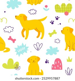 Bright seamless pattern with cute dog. Vector childish print with funny labrador and plants.