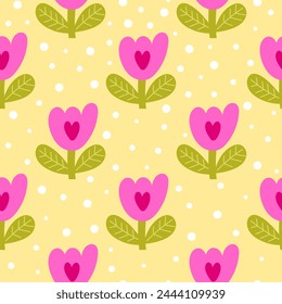 Bright seamless pattern of cute doodle tulips. Floral design for children in vector. Perfect for wallpaper, wrapping paper, fabric or textile.