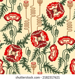 bright seamless pattern with cute field poppies, background with red flowers 