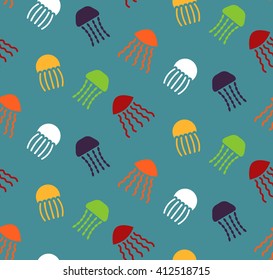 Bright seamless pattern with cute jellyfishes.
