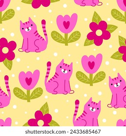 Bright seamless pattern of cute pink cats and funny doodle flowers. Funny design for children in vector. Perfect for wallpaper, wrapping paper, fabric or textile.