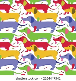Patrón brillante sin fisuras con dachshunds y huesos. Diferentes colores, verde, azul, rojo, amarillo, rosa. Fondo vectorial para textil, tela, papel envolvente, niños y otros diseños.