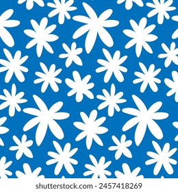 Bright seamless pattern with daisies. Minimalistic texture with white chamomile buds on a blue background. Print for decoration and printing.