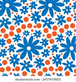 Patrón brillante sin costuras con margaritas. Textura minimalista con cogollos de manzanilla azul y naranja sobre fondo blanco. Impresión para decoración e impresión.