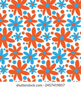 Bright seamless pattern with daisies. Minimalistic texture with blue and orange chamomile buds on a white background. Print for decoration and printing.