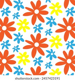 Helles nahtloses Muster mit Gänseblümchen. Minimalistische Textur mit gelben, orangen und blauen Kamillenknospen auf weißem Hintergrund. Drucken für Dekoration und Druck.