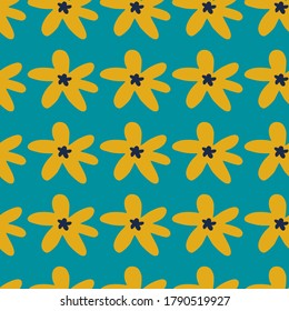 Bright seamless pattern with daisy flowers on turquoise background. Yellow botanic ornament. Simple design. Perfect for fabric, textile print, wrapping paper, wallpaper. Vector illustration.