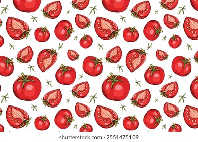 Bright seamless pattern for decoration. Juicy red tomato is a proper nutrition and healthy food. Vivid illustrations for the kitchen. Isolated background