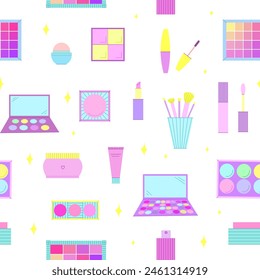 Bright seamless pattern of decorative cosmetics. Eyeshadow palette, blush, mascara, gloss, lipstick, cream, makeup brushes. Vector illustration