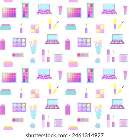 Bright seamless pattern of decorative cosmetics. Eyeshadow palette, blush, mascara, gloss, lipstick, cream, makeup brushes. Vector illustration