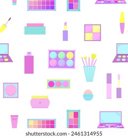 Bright seamless pattern of decorative cosmetics. Eyeshadow palette, blush, mascara, gloss, lipstick, cream, makeup brushes. Vector illustration