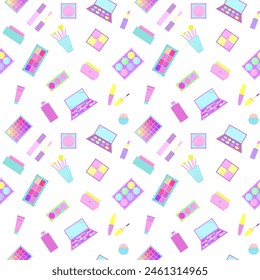 Bright seamless pattern of decorative cosmetics. Eyeshadow palette, blush, mascara, gloss, lipstick, cream, makeup brushes. Vector illustration