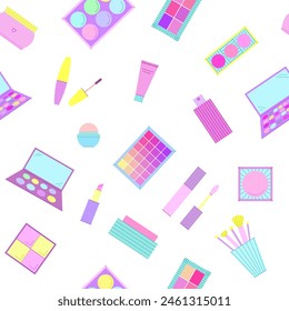 Bright seamless pattern of decorative cosmetics. Eyeshadow palette, blush, mascara, gloss, lipstick, cream, makeup brushes. Vector illustration