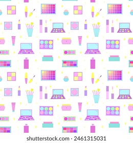 Bright seamless pattern of decorative cosmetics. Eyeshadow palette, blush, mascara, gloss, lipstick, cream, makeup brushes. Vector illustration